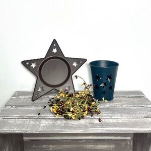 Farmhouse Country Star Candle Holder & Blue Metal Votive Holder/Garland Set of 3